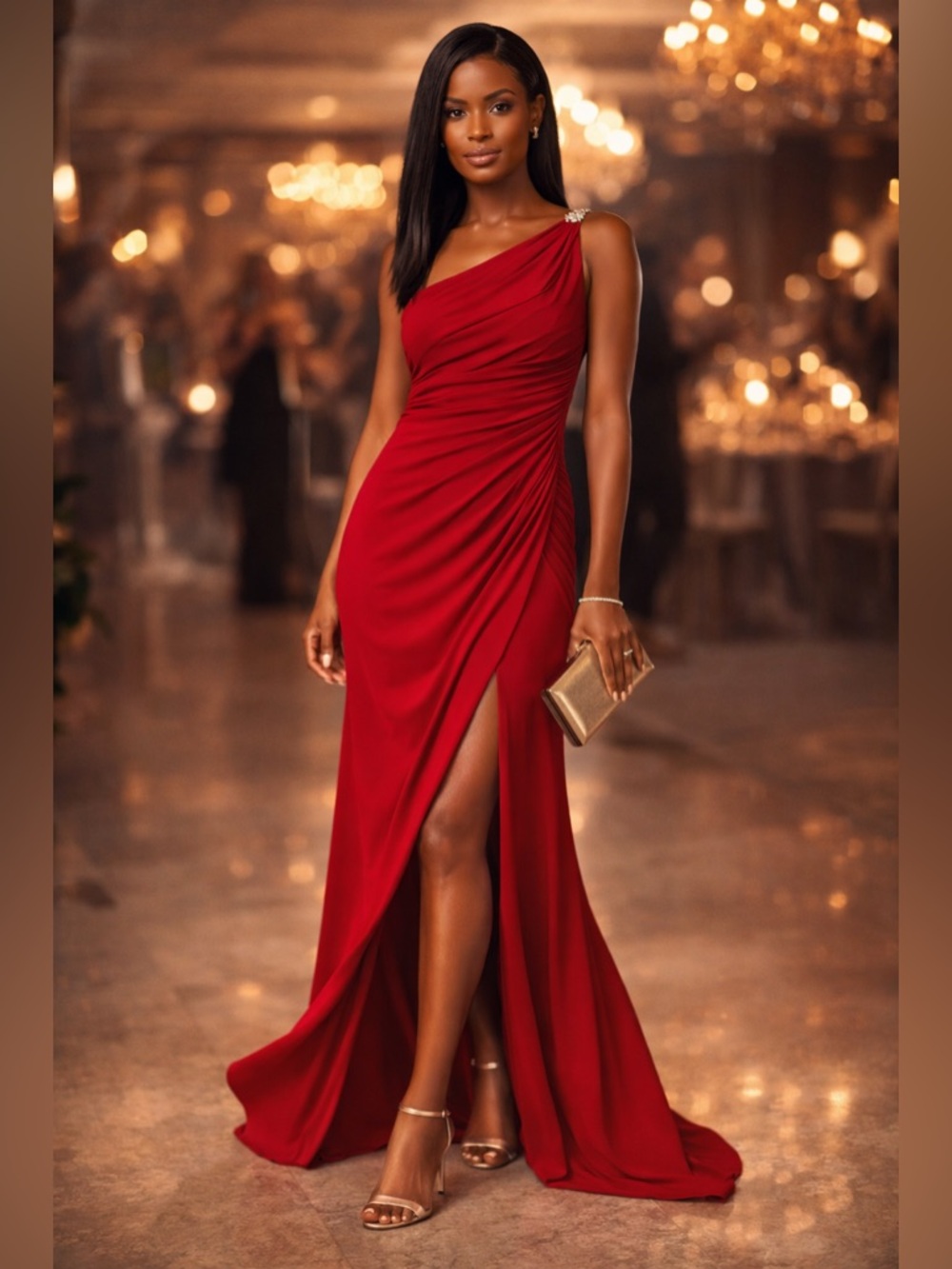 Lauren Ralph Lauren Red One Shoulder Evening Gown Ruched Maxi Dress 12